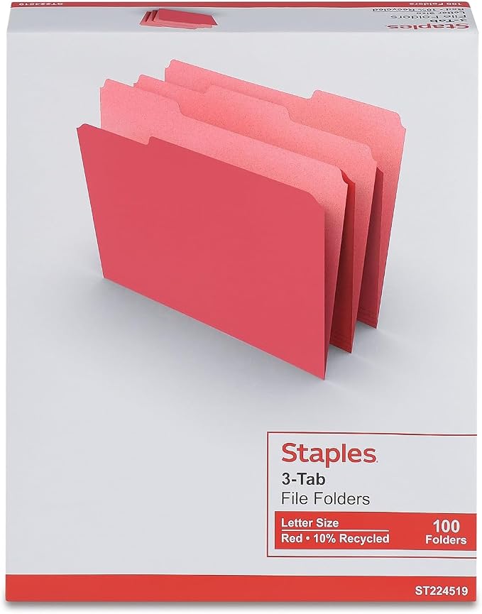 Staples File Folder, Letter Size, 1/3‑Cut Tab, Red, Durable Paper Stock, 200/Carton