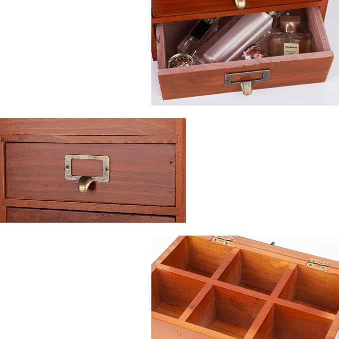 Small Wooden Drawers Wooden Box with Drawer Brown | 2 Drawer Storage Box for Apothecary Cabinet, Apothecary Drawers，Desktop Organizer with Metal Handles for Office，Home