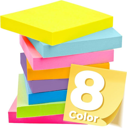 Sticky Notes 3x3 Inches, Bright Colors Self-Stick Pads, Easy to Post for Home, Office, Notebook,100 Sheets/pad (8 Pads)