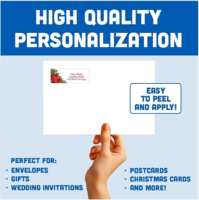 Personalized Return Address Labels - Christmas Poinsettias Flowers - 60-1000 Custom Self-Adhesive Stickers
