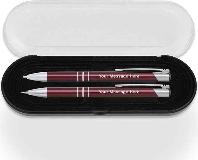 5 Personalized Engraved Classic Metal Ballpoint Pen & Mechanical Pencil Gift Set. Includes Case - Cranberry Red Color with Silver Accents. Black Ink.