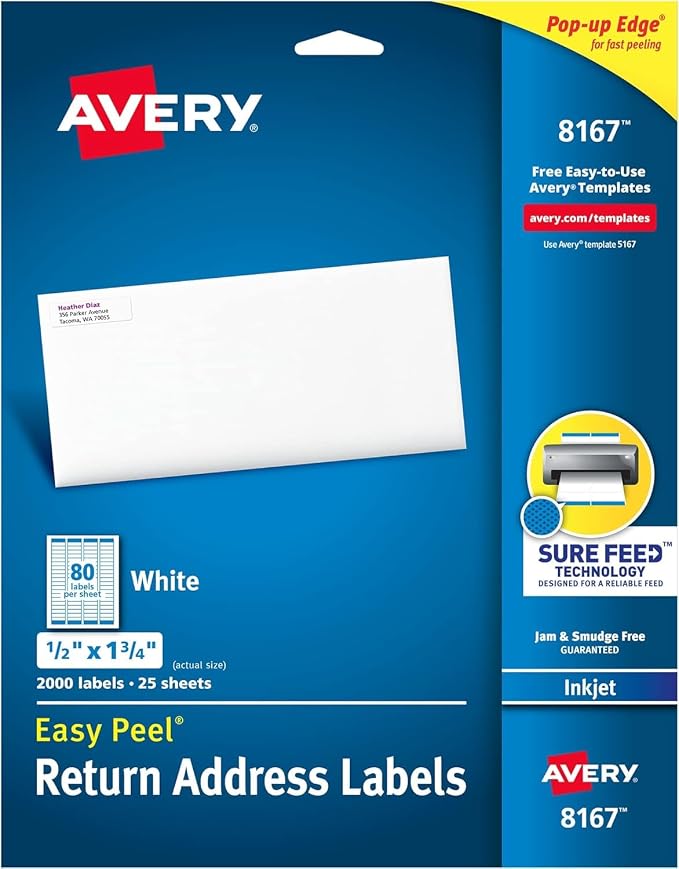 Avery (8167) Easy Peel Return Address Labels for Inkjet Printers, ½" x 1¾", White, 25 Sheets, 2000 Labels