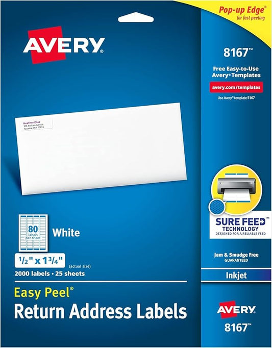Avery (8167) Easy Peel Return Address Labels for Inkjet Printers, ½" x 1¾", White, 25 Sheets, 2000 Labels