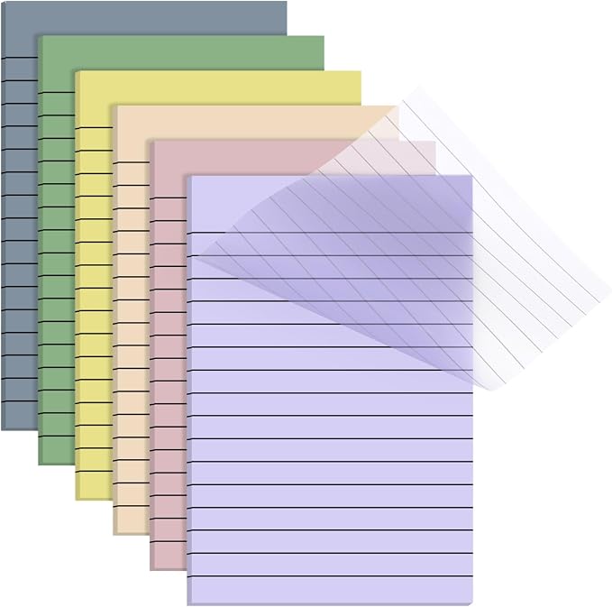 Yinder 6 Pack Colored Transparent Sticky Notes Translucent Clear Lined Self Sticky Notes, Back to School Gift Bible Tab for Planners, School Supplies Office, 30 Sheets/Pack, 4 x 6'' (Light Color)