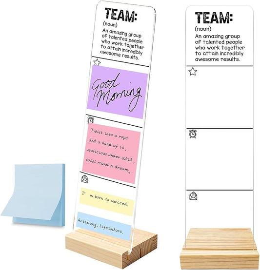 Acrylic Sticky Note Board with Wooden Base, Inspiring Team Quotes Desktop Logo, Monitor Message Sticky Notes Office Desk Sets and Accessories Belt Blue Sticky Notes 100 Sheets