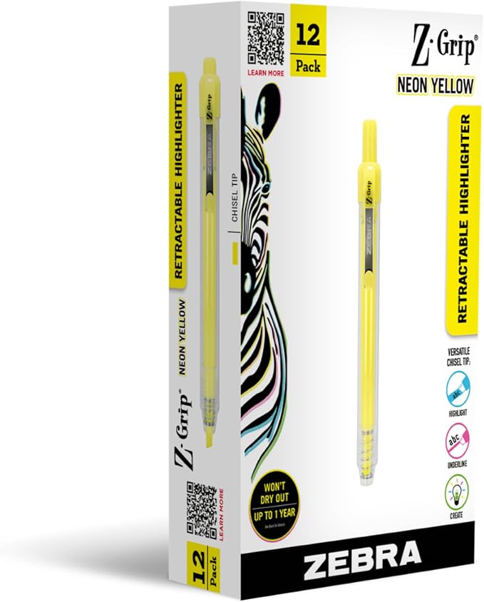 Zebra Pen Z-Grip Retractable Highlighter, Yellow, Chisel Tip, 12-Pack | Metal Clip, Ideal for School, Office and Teacher Supplies, Note-Taking, Studying, and Planners, Transparent Barrel (71250)