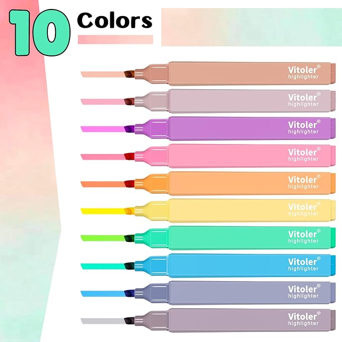 Vitoler 10Pcs Aesthetic Highlighters, Chisel Tip Marker Pens,Assorted Color Candy Highlighters,No Bleed Bible Highlighter,Cute Pastel Highlighter for Journaling Planner Notes School Supplies | Low Bleed on Standard Paper, Quick-Drying, Non-Toxic, for B...