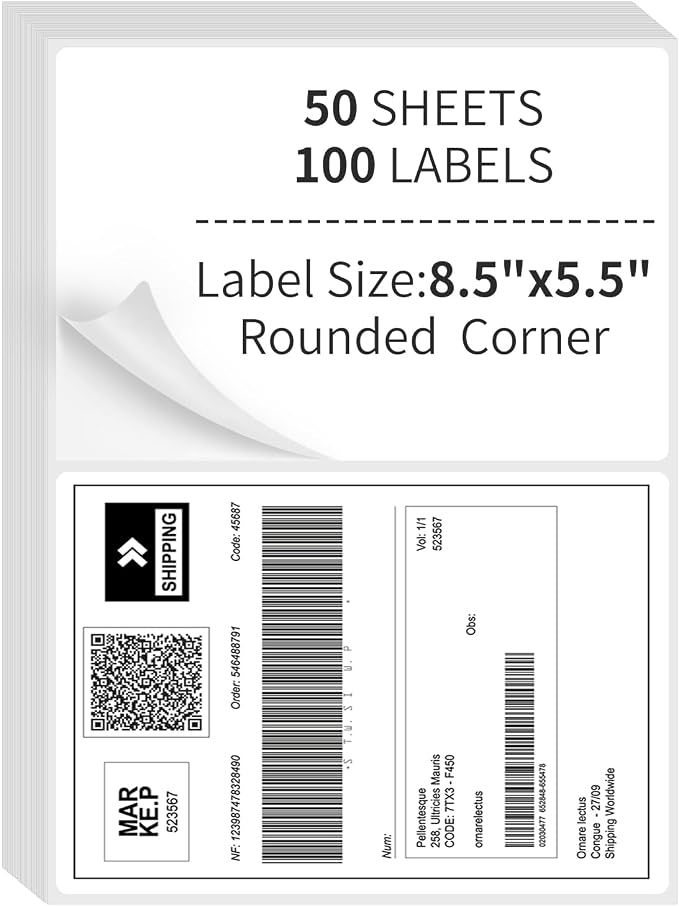 Round Corner Half Sheet Shipping Labels,2 Per Page Self Adhesive Mailing Labels,White Blank 8.5" x 5.5" Sticker Paper for Laser & Inkjet Printers (100 Labels)