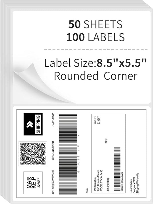 Round Corner Half Sheet Shipping Labels,2 Per Page Self Adhesive Mailing Labels,White Blank 8.5" x 5.5" Sticker Paper for Laser & Inkjet Printers (100 Labels)