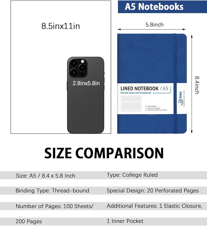 Dynta Hardcover Journal Notebooks, 10 Packs A5 Lined Journals Bulk for Writing 200 Pages/100Sheets, 8.4 x 5.8 inch, Classic Ruled Notebook for Work/Travel/College/Note Taking(Blue)