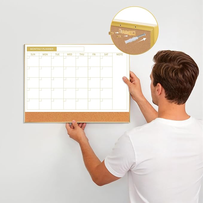 ARCOBIS Dry Erase Calendar with Cork Board for Wall, 11.6"x 15.7" Magnetic Calendar Whiteboard with Gold Frame, Monthly Combination Board for School, Home, Office