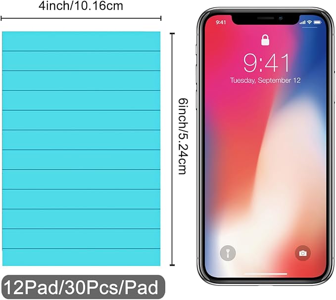 (12 Pack) Lined Sticky Notes 4x6 in,Large Super Sticky Note Pads for School | Sticky Notes with Lines, Self-Stick Note Pads, Rectangular Sticky Notes for Office, Home, School & Meetings Teacher supplies