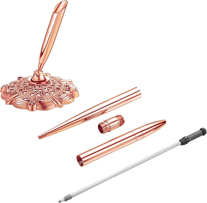Outus 2 Pieces Wedding Pens for Guest Book Pen with Metal Hollow Round Holder Stand Set for Wedding Bridal Engagement Reception Supplies(Rose Gold)