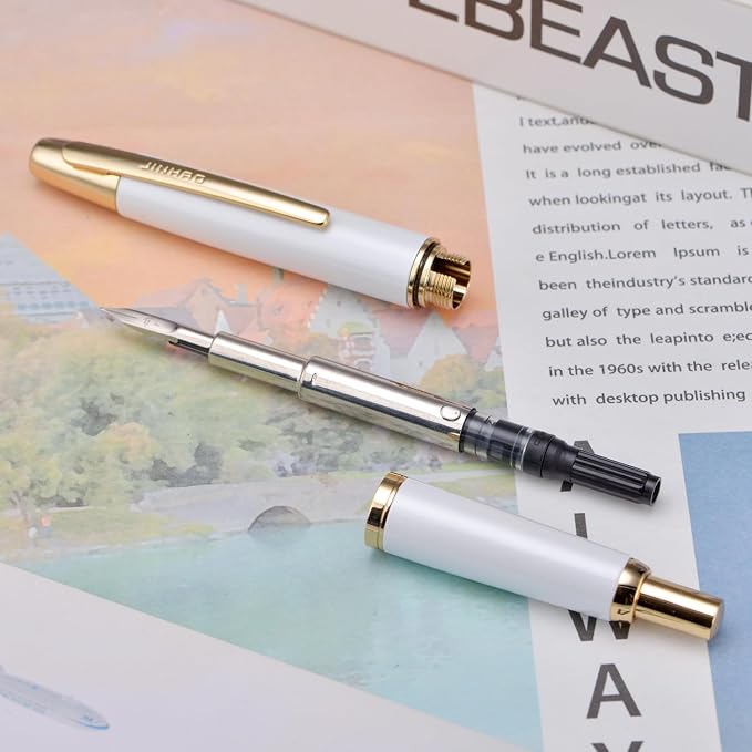 Jinhao 10 Press Fountain Pen with Box, Pearl White Retractable Extra Fine Nib with Ink Converter Set (Golden Clip)