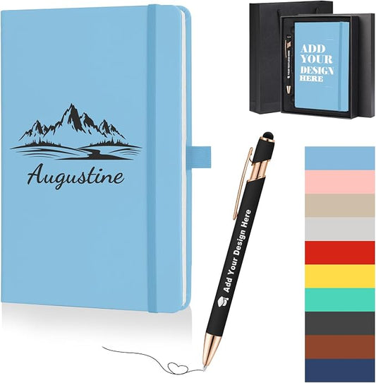 ENOMY Personalized A5 Notebook Gift Set with Custom Pen PU Leather Journal Box, SkyBlue