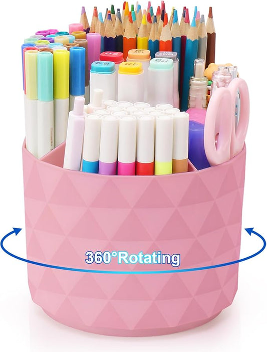 Desk Organizer, 360-Degree Rotating Pencil Pen Holders For Desk, Diamond Pattern Pen Organizer With 5 Compartments, Cute Desk Accessories Decor For Office, School,Home,Art Supply (Pink)