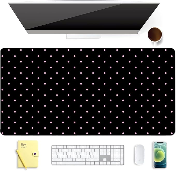 Pink Polka Dot Leather Desk Mat Extended Gaming Mouse Pad | Non-slip Large Writing Pad Laptop Blotter Computer Keyboard Mat | Cute Black Desk Protector for Home Office 23.6" x 11.8"