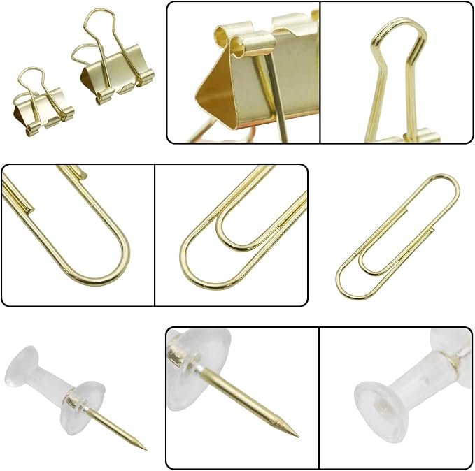Office Supplies Set, Paper Clips, Push Pins and Binder Clips Set with Box for Office, School and Home(Gold)