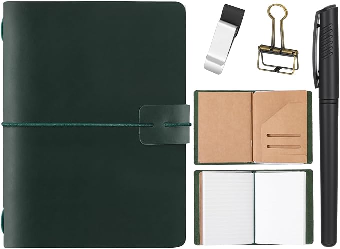 Thenshop Travelers Refillable Leather Journal Notebook Travel Diary Handmade Passport Travelers Journal for Men and Women with 3 Notebook Inserts, Pen Holder, Binder Clip(Green,Passport Size)