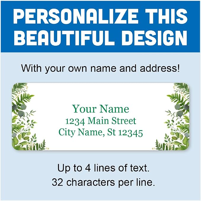 Personalized Return Address Labels - Blooming Greenery - 60-1000 Custom Self-Adhesive Stickers