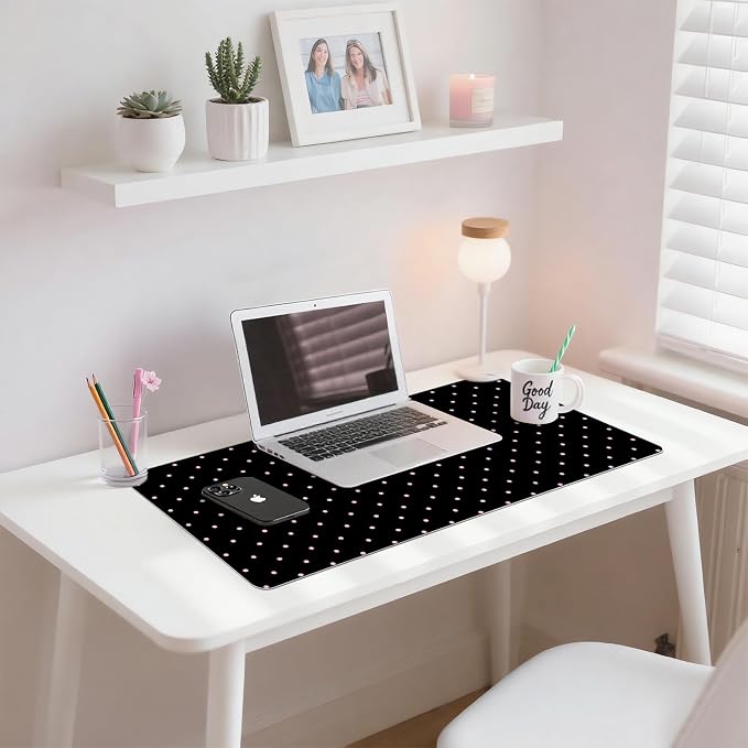 Pink Polka Dot Leather Desk Mat Extended Gaming Mouse Pad | Non-slip Large Writing Pad Laptop Blotter Computer Keyboard Mat | Cute Black Desk Protector for Home Office 31.5" x 15.7"