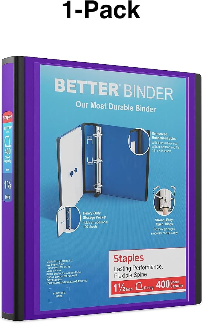 Staples Better 1.5-Inch 3-Ring Binder, Purple – Heavy-Duty Binder for School & Office Organization