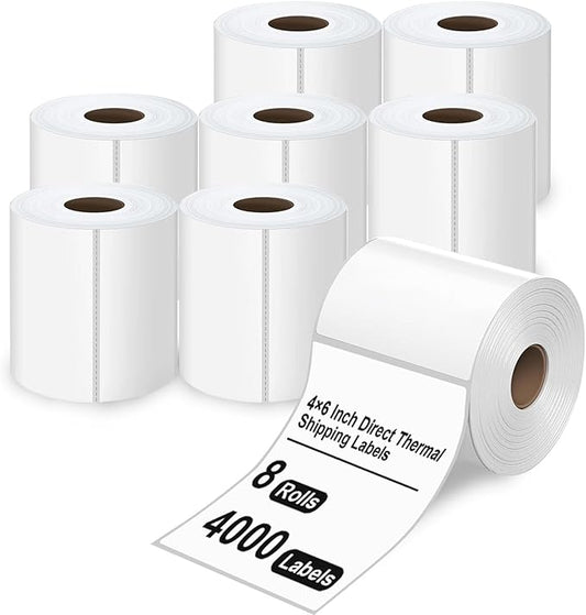 HUOJI 4x6 Direct Thermal Shipping Labels, 8 Rolls 4000 Labels, Compatible with Rollo, Zebra, MUNBYN Printers, Commercial Grade