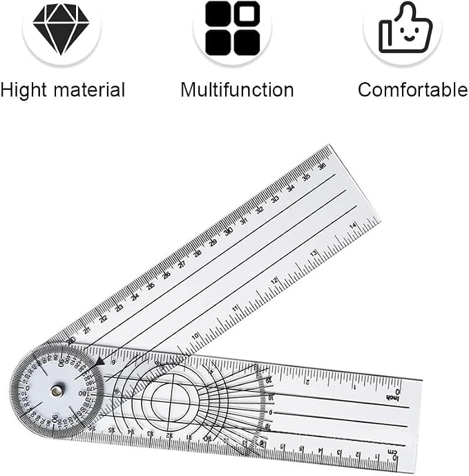 7 Inch Foldable Angle Ruler, Clear 360 Degree Goniometer Tool | Transparent plastic angle measuring tool with dual scales for woodworking, drafting, design, engineering and classroom use
