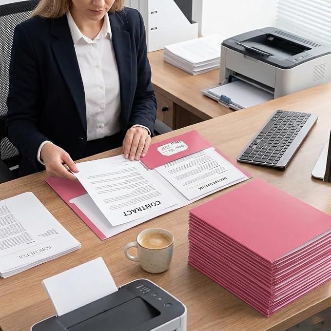 Zzrywuty File folders with Pockets,Pink Two folders for documents,50 Pack Paper Folders with Card Slot,Letter Size,School Students,Business,Home and Office Workers