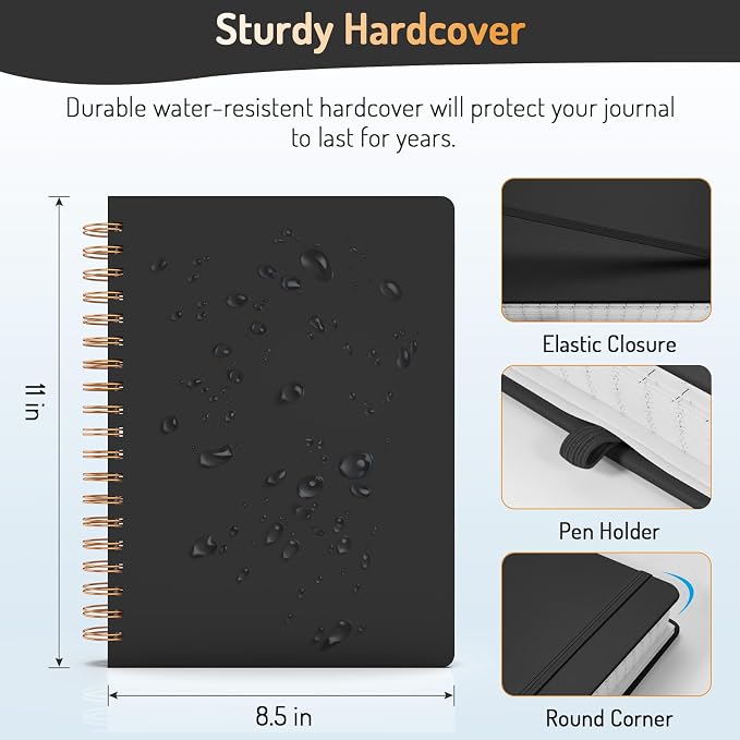 Forvencer A4 Lined Spiral Journal Notebook with 300 Numbered Pages, 11" X 8.5" Thick Journals for Writing with 100GSM Paper, Hardcover Notebooks with Contents for Work, School, Black