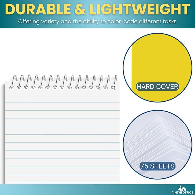 1InTheOffice Wirebound Spiral Memo Books, Memo Pads, 3" x 5", College Ruled, Small Notepad 3x5, Assorted, 75 Sheets/Pad, 5 Pads/Pack (10)