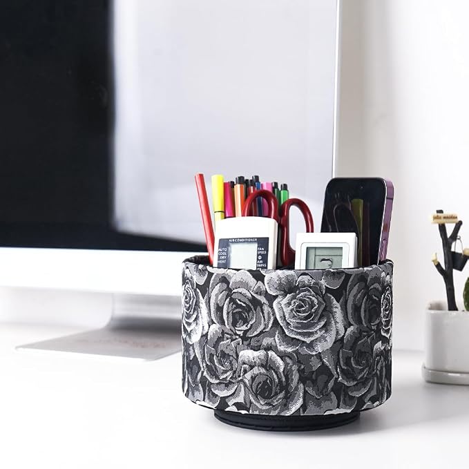 Round Leather Art Supply Organizer,Remote Control Holder,360 Degree Rotating,Multi-Functional Pencil Holder,4 Compartments Desktop Stationary Organizer(1-3D Black Grey)