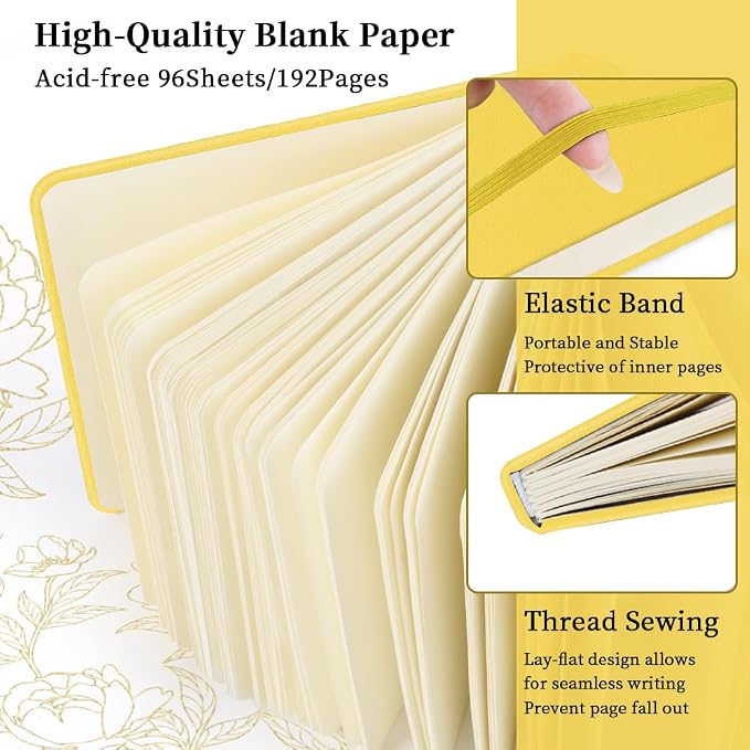 5x5" Pocket Sketch Book,80gsm Hardcover Art Sketchbook for Drawing Journal | PU Cover,Blank Paper,96Sheets/192Pages,Lay-Flat,Portable Travel Creation Paint Diary Memo Planner,Dry Media.Yellow