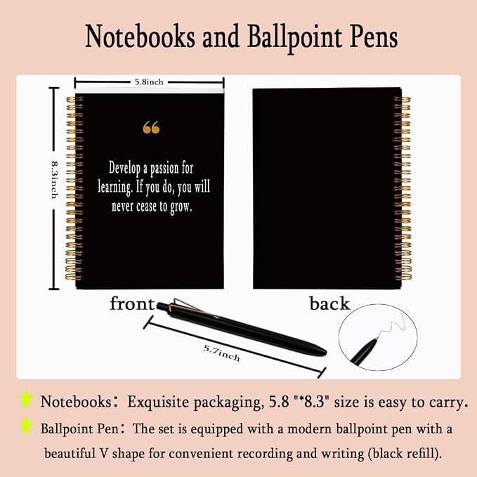 Quote Notebook with Pen Set "Never Cease to Grow", A5 Spiral Inspirational Journal for Women Men, 160 Pages College Ruled Office Stationery, Growth Mindset Graduation Teacher Gift, Black & Gold
