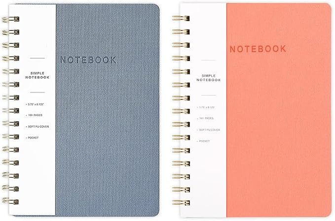 Spiral Notebook-5.75" x 8.125" College Ruled Journal with Inner Pockets and 160 Pages,PU Leather Cover Business Journal, Twin-Wire Binding Notebook Perfect for Office & Home School Supplies 2 pack Reefblue/Pink