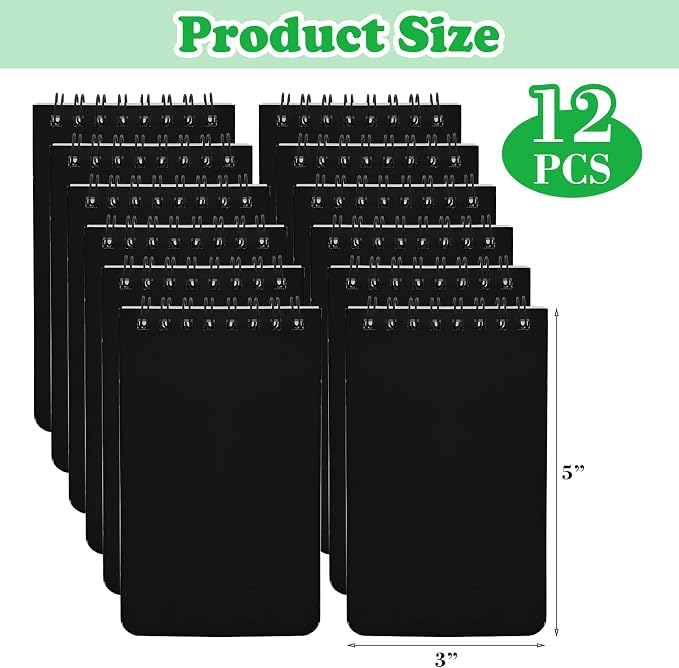 12 Pack mini Spiral Steno Pads,3x5 Inch Small Pocket Notebooks,75 Sheets/150 Pages College Ruled Lined Note Pads For Kids Adults Outdoor,Home,School,Office (Black)