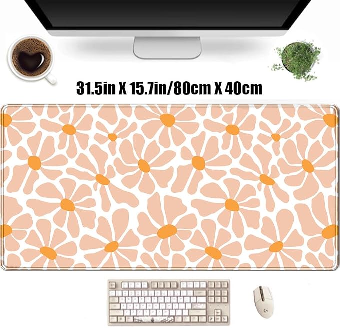 Boho Groovy Floral Leaf Mouse Pad Xl-31.5x15.7in-Desk Mousepad-Extended Aesthetic Keyboard Mouse Pad-for Desk Kid Girl with Stitched Edges Non-Slip Cozy Office Decor