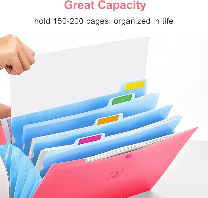 Forvencer Accordion File Organizer, Letter Size, 5 Pocket Expanding File Folder, Cute File Folder with Labels, Portable File Organizer for School Office Supplies, Folders for Documents, Fuchsia