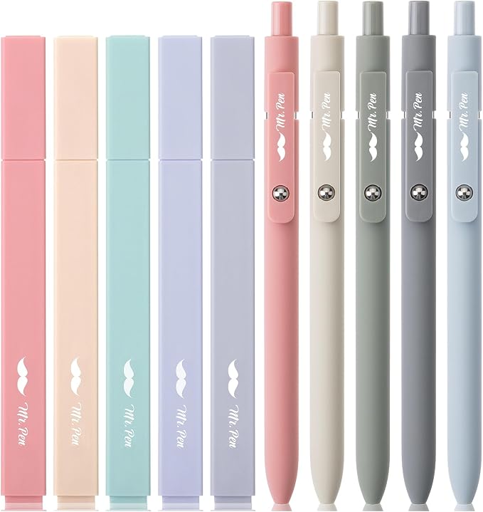 Mr. Pen- Aesthetic Highlighters and Gel Pens, 10 Pack | Morandi Colors Bible Highlighters No Bleed, Black Ink Gel Pens, Fast Dry and No Smear for Bible Journaling, Planner