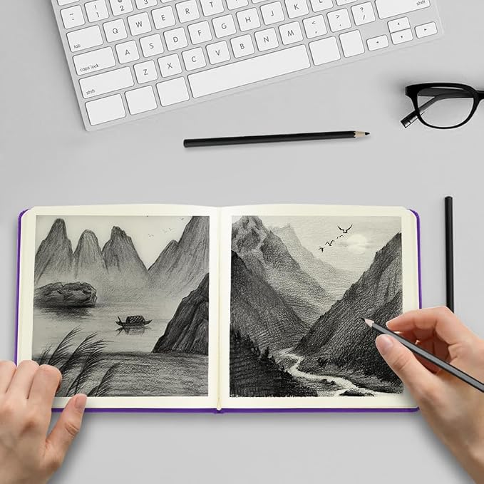 5x5" Pocket Sketch Book,80gsm Hardcover Art Sketchbook for Drawing Journal | PU Cover,Blank Paper,96Sheets/192Pages,Lay-Flat,Portable Travel Creation Paint Diary Memo Planner,Dry Media.Purple