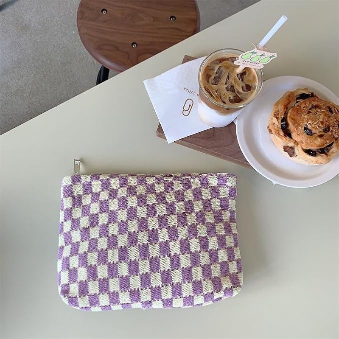 PAZIMIIK Checkered Makeup Bag for Purse, Small Flat Cosmetic Pouch,Purple | Cute Zipper Makeup Organizer for Women, Travel Essentials, Toiletries, Makeup Brushes, Beauty Accessories&Bridesmaid Gifts