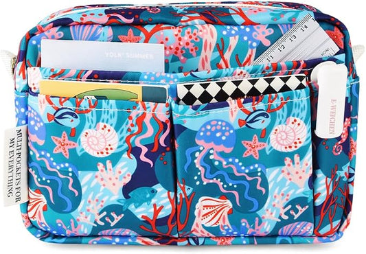 E-WEICHEN Multiple Pockets Portfolio Organizer with Zippered, Makeup Bag Travel Essentials for Women, Simple Waterproof Stationery Pencil Pouch Bag for Journal Office Art Supplies.Blue Jellyfish