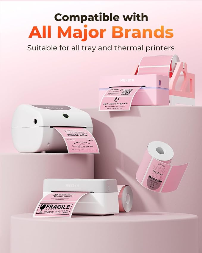 MUNBYN 4x2 Thermal Labels, 500 Sheets/1 Roll, Pink | Strong Adhesive & Perforated, Non BPA&BPS for Small Business, Barcode, Bakery, Inventory, Price Tag