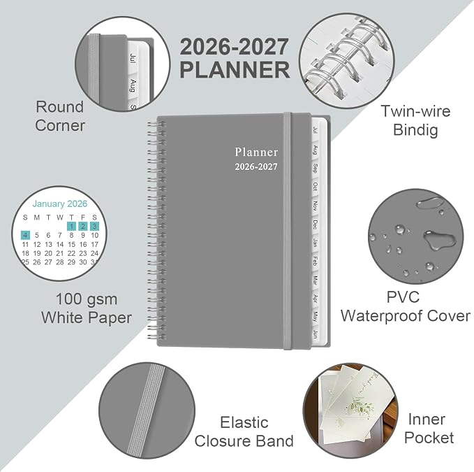 2026-2027 Planner - Planner 2026-2027 from July 2026 - June 2027, Weekly & Monthly Planner Spiral Bound with 12 Monthly Tabs, Inner Pocket, 6.4" x 8.5", Grey-E