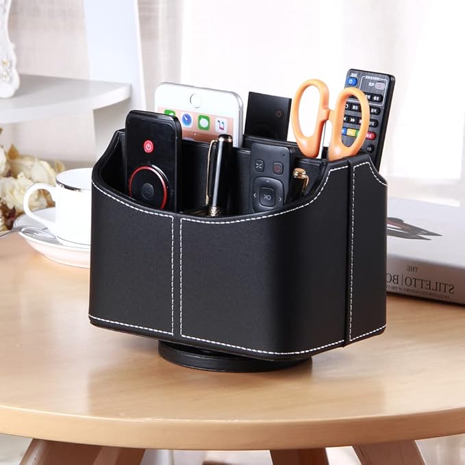 Remote Control Holder,360°Rotatable Office Desk Stationery Supply Organizer | PU Leather Desktop Storage Box for Media Controllers,Bedside Table Spinning TV Remote Caddy for iPad,Mobile,Pencil,Makeup