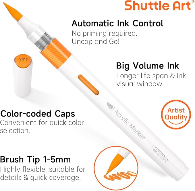Shuttle Art Automatic Ink Control Acrylic Paint Markers, 60 Colors Brush Tip Acrylic Paint Pens for Rock, Ceramic, Wood, Canvas, Glass, Stone, Fabric, Card Making, DIY Football Crafts, FlipFunAlong