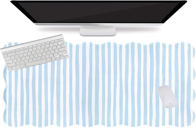 L-SPOUTTO Blue Striped Mouse Pad,Scalloped Desk Mat XXL Large Geometric Gaming Mousepad,35.4x15.7in Non-Slip Rubber Base Keyboard Pad Waterproof Desktop Mat for Laptop Computer Game Home Office
