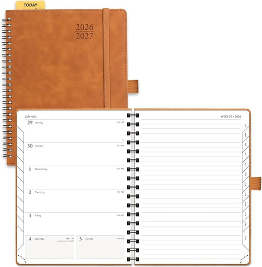 POPRUN Weekly Planner 2026-2027, 6.5" x 8.5", (July 26-June 27) Academic Weekly and Monthly Planner, Calendar Notebook 2026-2027 Agenda for School, College, Spiral Leather Softcover - Brown