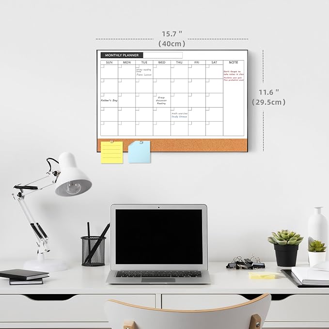 ARCOBIS Dry Erase Calendar with Cork Board for Wall, 11.6"x 15.7" Magnetic Calendar Whiteboard with Black Frame, Monthly Combination Board for School, Home, Office