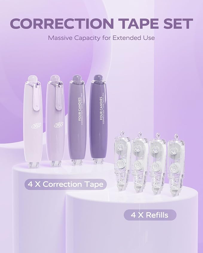 Four Candies Refillable Correction Tape, 4PCS White Tape with 4 Refills | Smooth White Pull-Out Tape for Instant Corrections, Easy to Use Applicator for Office, School Supplies (Purple)